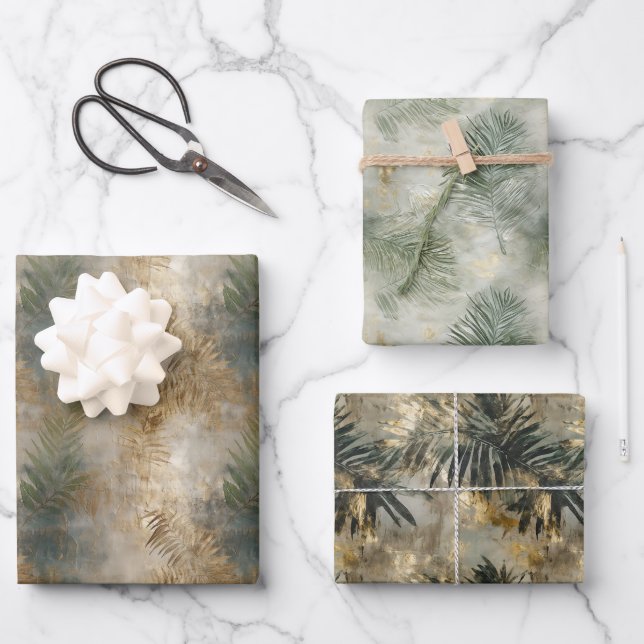 Green Gold Tropical Leaves Wrapping Paper Sheets (Front)