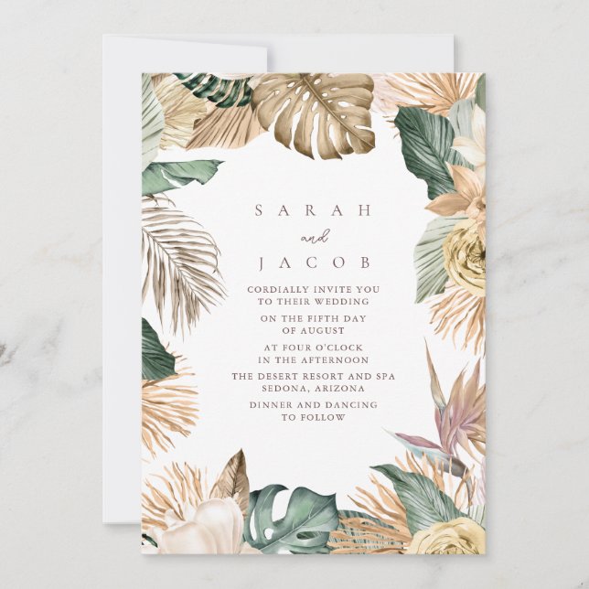 Green Gold Tropical Palm Beach Wedding Invitation (Front)