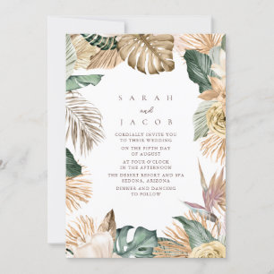 Green Gold Tropical Palm Beach Wedding Invitation