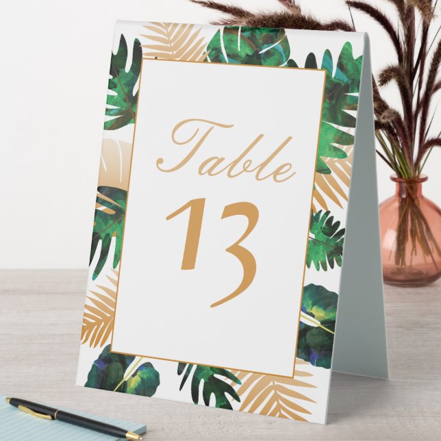 Green, Gold Tropical Palm Leaves Table Tent (In SItu (Table))