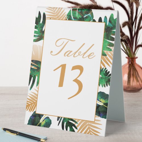 Green Gold Tropical Palm Leaves Table Tent Sign