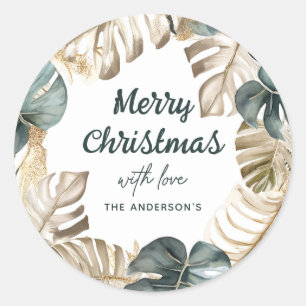 Green & Gold Tropical Palm Wreath Christmas Classic Round Sticker
