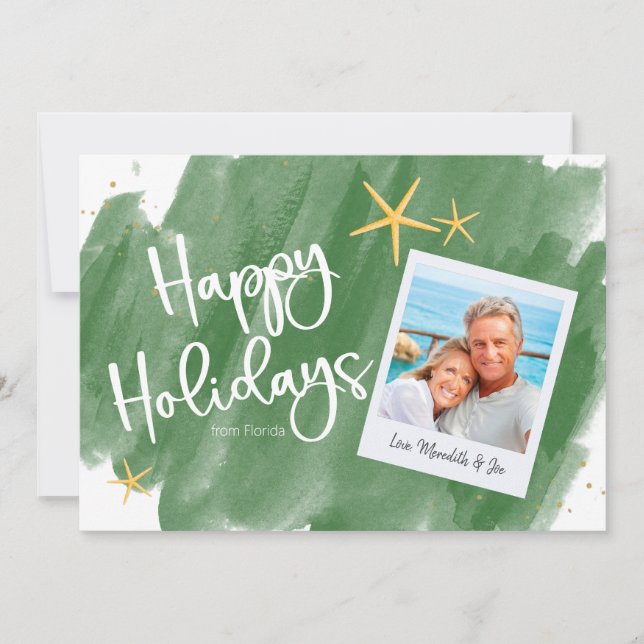 Green Gold Tropical Watercolor Holiday Photo Card (Front)