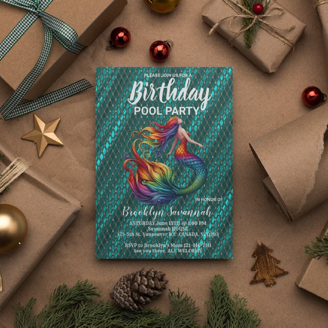 Green Gold Turquoise Mermaid Tail Pool Party Postcard (Creator Uploaded)