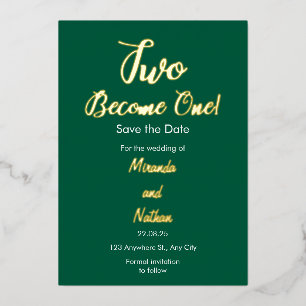 Green & Gold Two Become One Foil Wedding Invitatio Foil Invitation