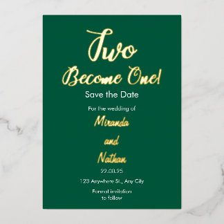 Green & Gold Two Become One Foil Wedding Invitatio Foil Invitation