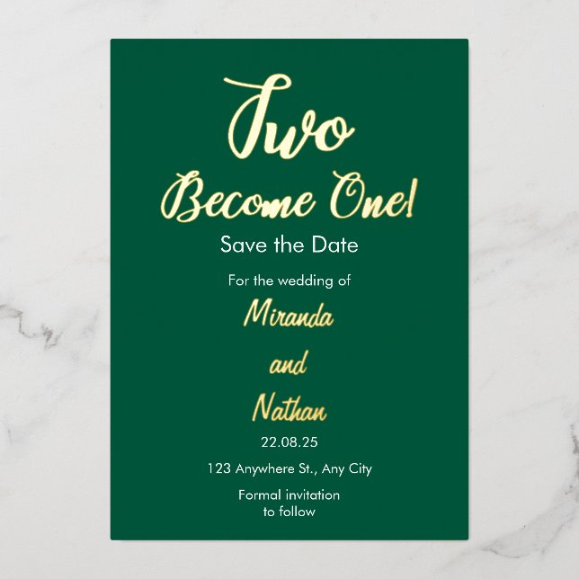 Green & Gold Two Become One Foil Wedding Invitatio Foil Invitation (Front)