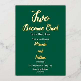 Green & Gold Two Become One Foil Wedding Invitatio Invitation