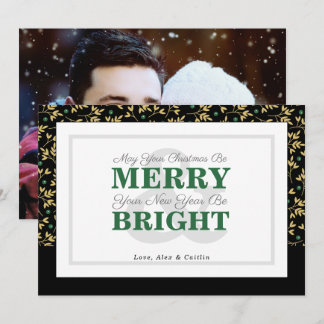 Green & Gold Typography Holiday Pattern Photo Card