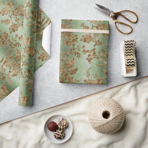 Green  Gold Velvet Damask Holiday Wrapping Paper