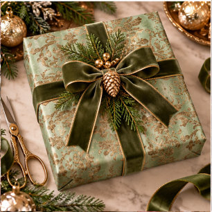 Green & Gold Velvet Damask Holiday Wrapping Paper