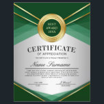 Green & Gold Vertical Certificate of Appreciation<br><div class="desc">Professional green and gold vertical certificate of appreciation flyer template featuring a grey gradient background and a green and shiny gold medal with a leaf outlining. Perfect for school,  businesses,  churches,  and more! Customize the certificate to your liking.</div>