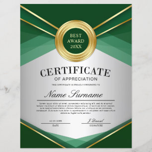 Green & Gold Vertical Certificate of Appreciation 