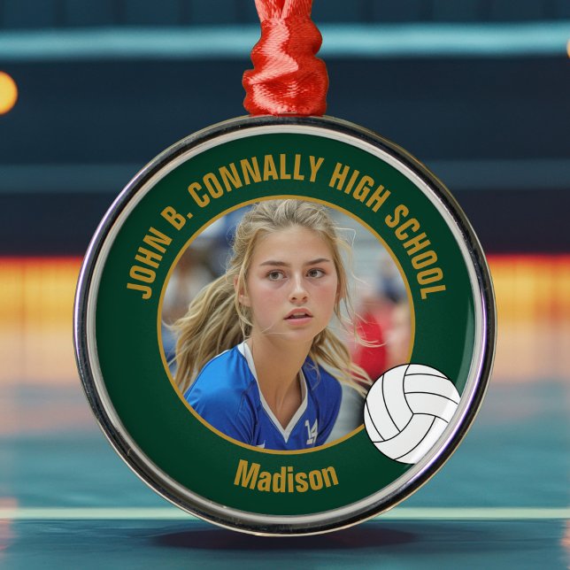 Green Gold Volleyball Player Photo Christmas Metal Ornament (Creator Uploaded)