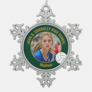 Green Gold Volleyball Player Photo High School Snowflake Pewter Christmas Ornament
