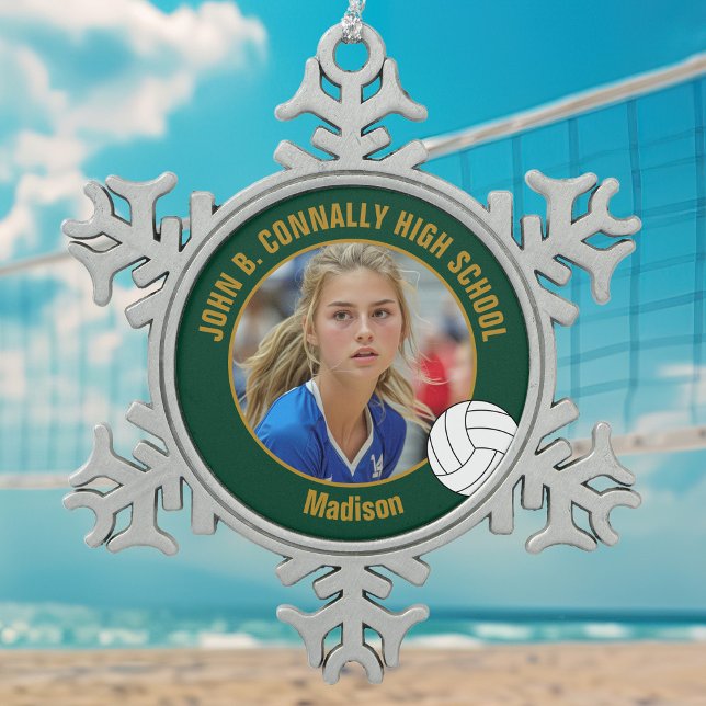 Green Gold Volleyball Player Photo High School Snowflake Pewter Christmas Ornament (Creator Uploaded)