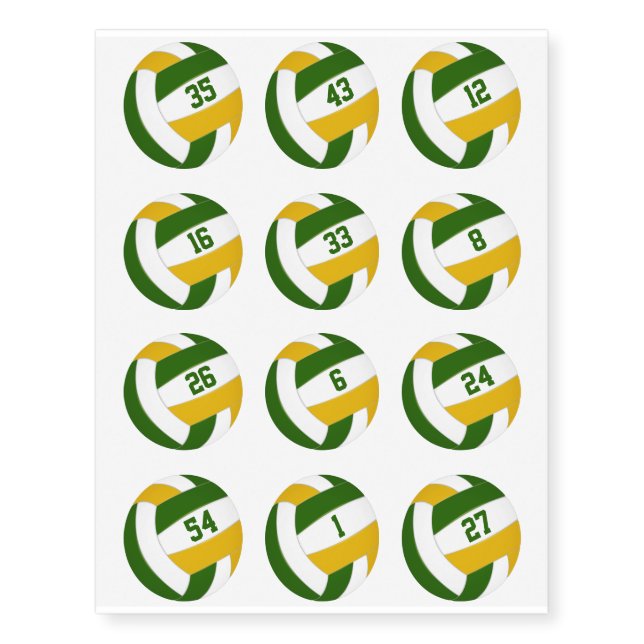 green gold volleyballs w jersey numbers set of 12 temporary tattoos (Front)