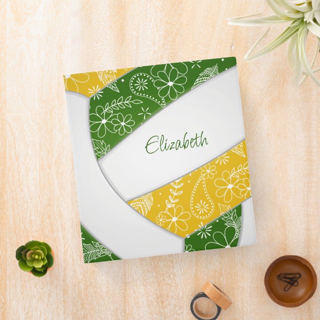 green gold w feathers flowers doodles volleyball 3 ring binder (In Situ)