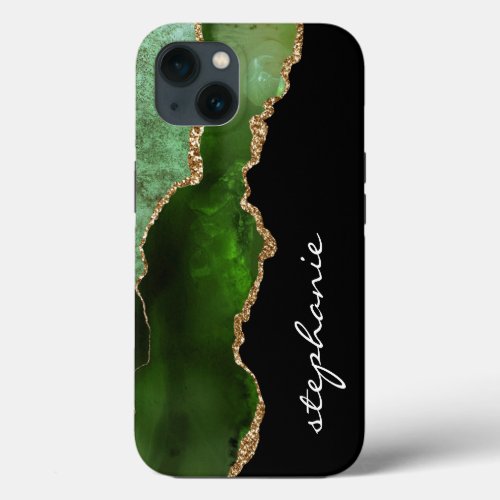Green Gold Watercolor Agate Personalized iPhone 13 Case