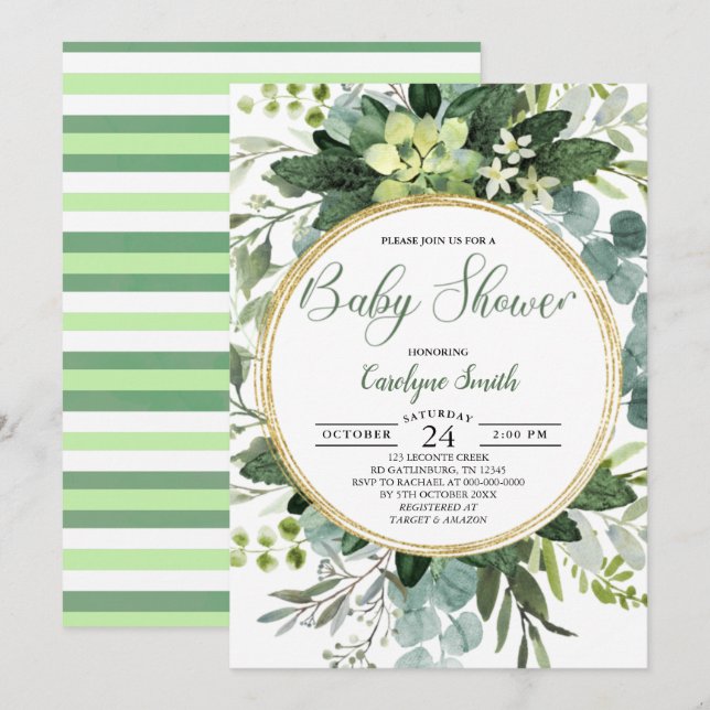 Green Gold Watercolor Botanical Baby Shower Invitation (Front/Back)