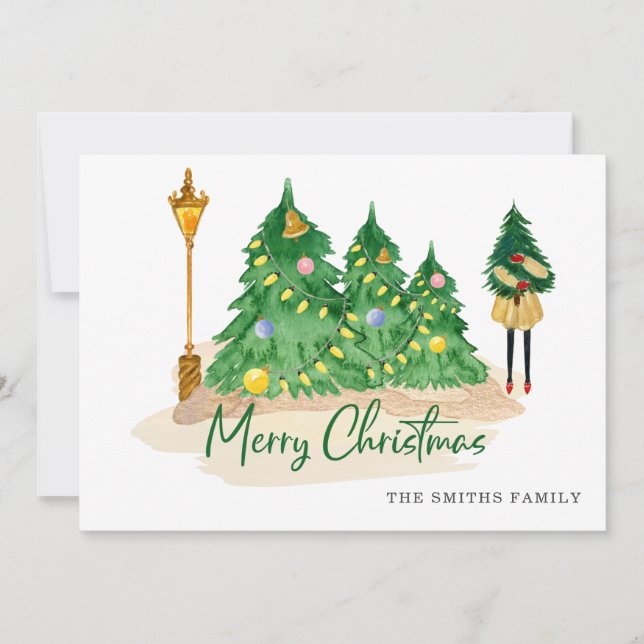 Green Gold Watercolor Christmas Trees Holiday Card (Front)