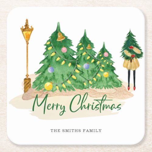 Green Gold Watercolor Christmas Trees Square Paper Coaster