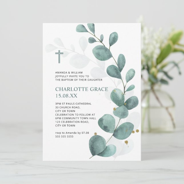 Green & Gold Watercolor Eucalyptus Baptism Invitat Invitation (Standing Front)