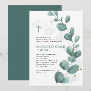 Green & Gold Watercolor Eucalyptus Baptism Invitation