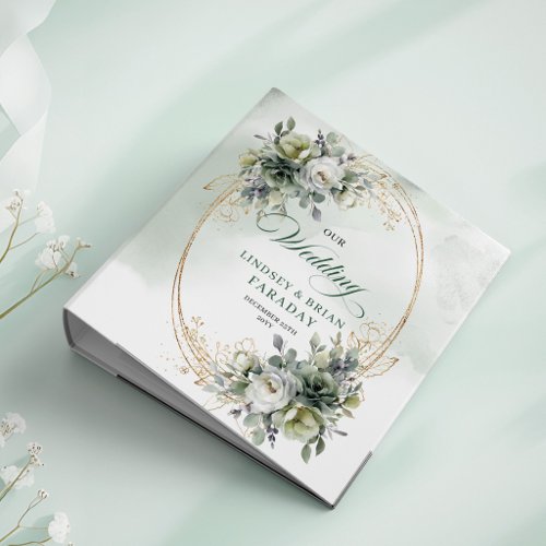 Green Gold Watercolor Eucalyptus Wedding Memory 3 Ring Binder