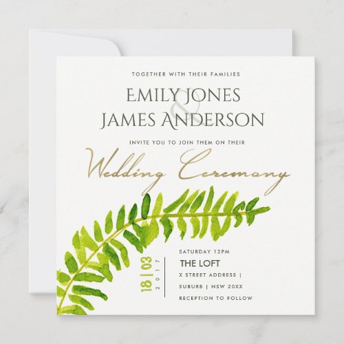 GREEN GOLD WATERCOLOR FERN FOLIAGE WEDDING INVITATION