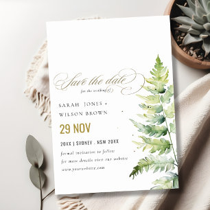 Green Gold Watercolor Fern Foliage Wedding Save The Date
