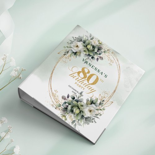 Green Gold Watercolor Foliage 80th Birthday Album 3 Ring Binder