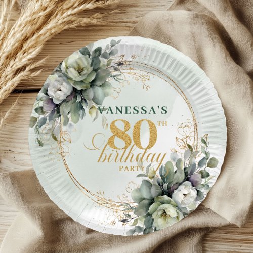 Green Gold Watercolor Foliage 80th Birthday Plates