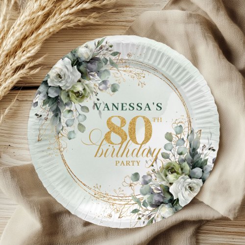 Green Gold Watercolor Foliage 80th Birthday Plates