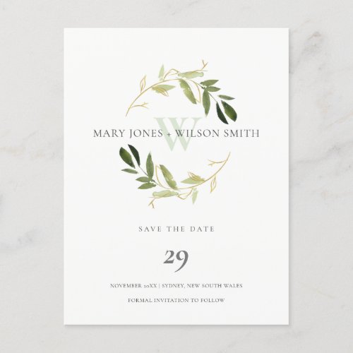 GREEN GOLD WATERCOLOR FOLIAGE WREATH SAVE THE DATE ANNOUNCEMENT POSTCARD