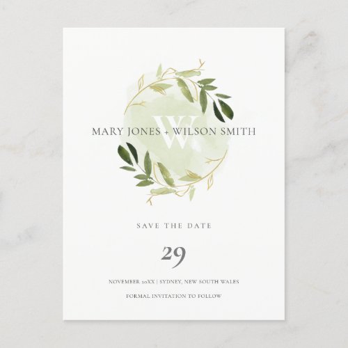 GREEN GOLD WATERCOLOR FOLIAGE WREATH SAVE THE DATE ANNOUNCEMENT POSTCARD