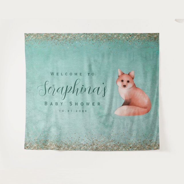 Green Gold Watercolor Fox Baby Shower Backdrop (Front (Horizontal))