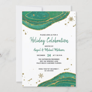 Green & Gold Watercolor Geode Agate Holiday Party Invitation