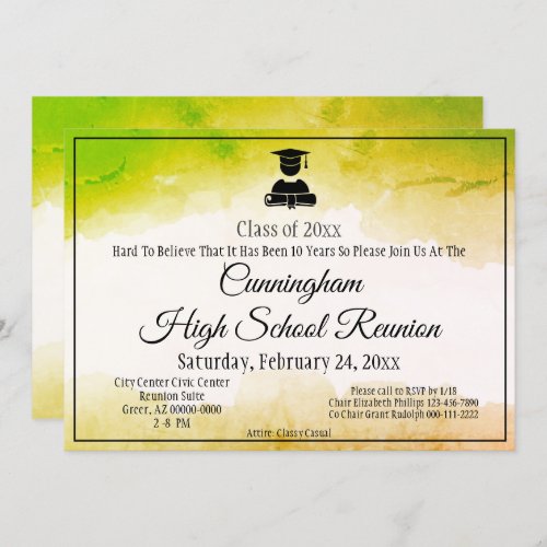 Green Gold Watercolor High School Class Reunion Invitation