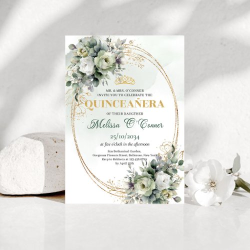 Green Gold Watercolor Quinceañera Invitation