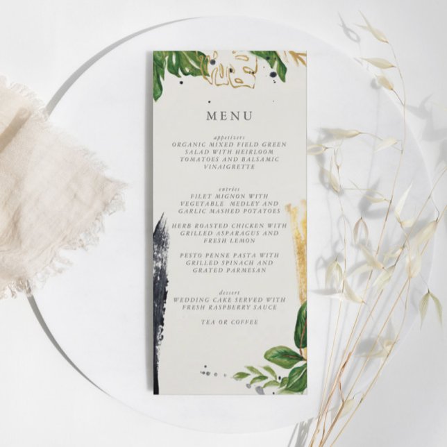 Green & Gold Watercolor Tropical Wedding Menu (Green & Gold Watercolor Tropical Wedding Menu)