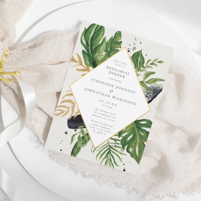 Green & Gold Watercolor Tropical Wedding Rehearsal Invitation (Green & Gold Watercolor Tropical Wedding Rehearsal Invitation)