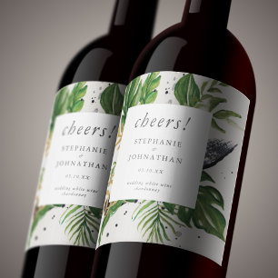 Green & Gold Watercolor Tropical Wedding Wine Label