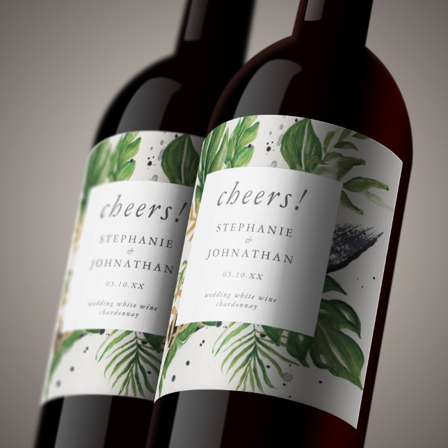 Green & Gold Watercolor Tropical Wedding Wine Label (Green & Gold Watercolor Tropical Wedding Wine Label)