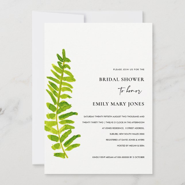 GREEN GOLD WATERCOLOUR FERN FOLIAGE BRIDAL SHOWER INVITATION (Front)