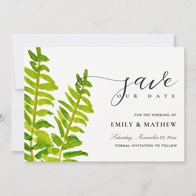 GREEN GOLD WATERCOLOUR FERN FOLIAGE SAVE THE DATE (Front)