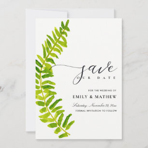 GREEN GOLD WATERCOLOUR FERN FOLIAGE SAVE THE DATE