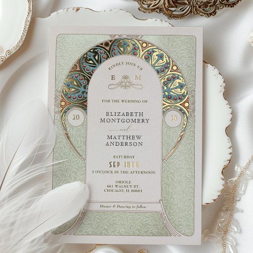Green Gold Wedding Art Nouveau Art Deco Mucha Foil Invitation
