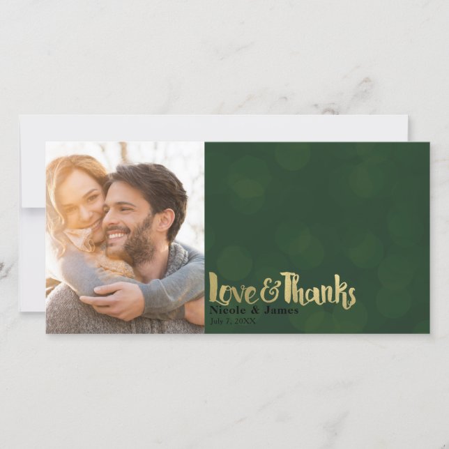 Green Gold Wedding Photo Love & Thanks Thank You Card (Front)