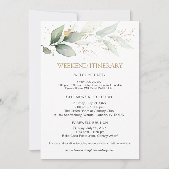 Green & gold Wedding Weekend Itinerary Invitation (Front)